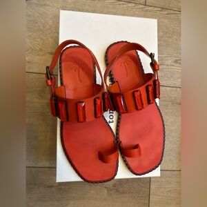 Tomas Maier Vibrant Red Gladiator Sandals with Buckle and Jeweled Detail - 6.5